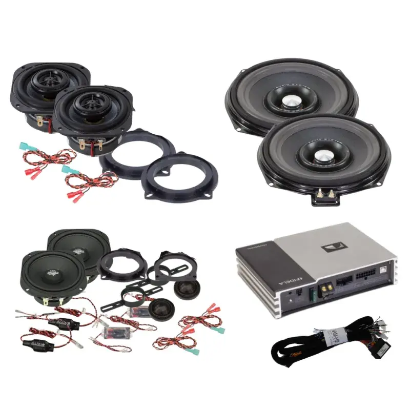 Expediere rapidă Pachet audio compus din 2 difuzoare componente, 2 difuzoare coaxiale, 2 subwoofere sub scaune, cu amplificator DSP, dedicate BMW Seria E/F/G, cu inele si cablaje plug and play
