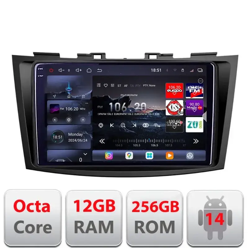Bestseller Navigatie Suzuki Swift 2010-2017 Edotec Kit-179 8 core QLED 2K 12+256GB 360 Android Waze USB Navigatie Internet Youtube Radio
