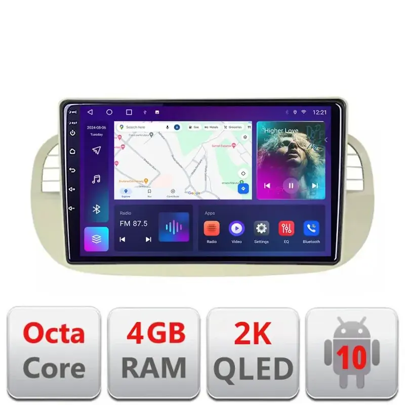 Calitate înaltă Navigatie Fiat 500 intre anii 2007-2015 Android Octa Core Ecran 2K QLED GPS 4G 4+32GB 360 KIT-fiat500+EDT-E409-2K